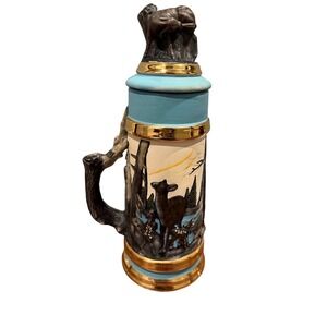 Vintage Deer Wildlife Ceramic Beer Stein Hand Painted Forest Scene with Lid
